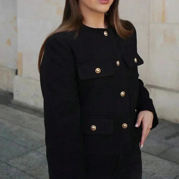 Black Elegant Women's Casual Tweed Jacket Decorated Long Sleeve Coat - Picture 3 of 8